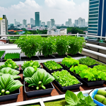 **

A vibrant rooftop garden in Bangkok, Thailand. Lush vegetable plants grow in various containers. In the background, modern city buildings are visible, slightly blurred. The scene captures a sunny day, highlighting the contrast between urban life and urban farming. People (optional) are tending to the garden, conveying a sense of community and sustainability. Focus on the freshness of the produce and the green of the plants.

**