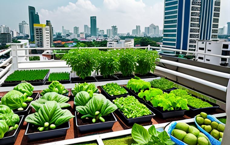 **

A vibrant rooftop garden in Bangkok, Thailand. Lush vegetable plants grow in various containers. In the background, modern city buildings are visible, slightly blurred. The scene captures a sunny day, highlighting the contrast between urban life and urban farming. People (optional) are tending to the garden, conveying a sense of community and sustainability. Focus on the freshness of the produce and the green of the plants.

**