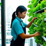 A professional Thai individual, appearing as an urban farmer, wearing modest, practical work attire, tending to a vibrant hydroponic vertical garden on a modern condo balcony. The scene features lush, chemical-free green leafy vegetables like organic lettuce, neatly arranged in a compact, efficient system. Sunlight gently illuminates the plants, highlighting their freshness. The setting is clean and showcases smart space utilization. The image should convey innovation and self-sufficiency in urban agriculture. Professional photography, high resolution, natural lighting, perfect anatomy, correct proportions, natural pose, well-formed hands, proper finger count, natural body proportions, safe for work, appropriate content, fully clothed, modest, family-friendly.