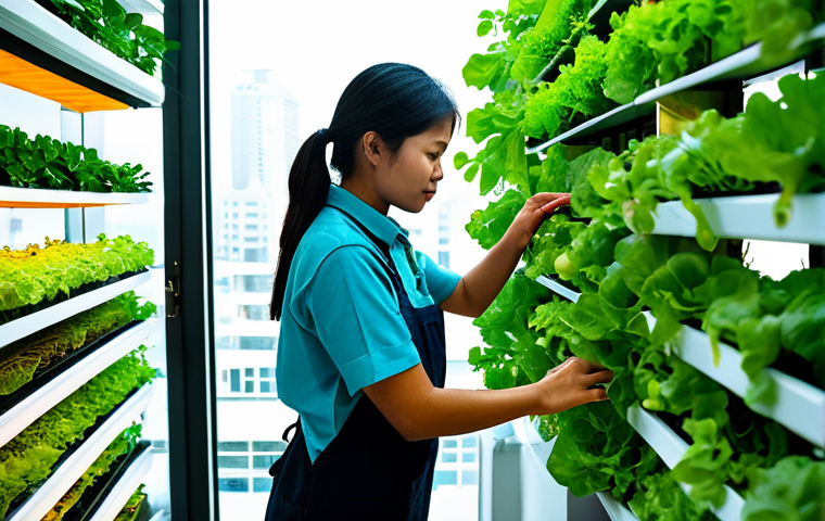 A professional Thai individual, appearing as an urban farmer, wearing modest, practical work attire, tending to a vibrant hydroponic vertical garden on a modern condo balcony. The scene features lush, chemical-free green leafy vegetables like organic lettuce, neatly arranged in a compact, efficient system. Sunlight gently illuminates the plants, highlighting their freshness. The setting is clean and showcases smart space utilization. The image should convey innovation and self-sufficiency in urban agriculture. Professional photography, high resolution, natural lighting, perfect anatomy, correct proportions, natural pose, well-formed hands, proper finger count, natural body proportions, safe for work, appropriate content, fully clothed, modest, family-friendly.