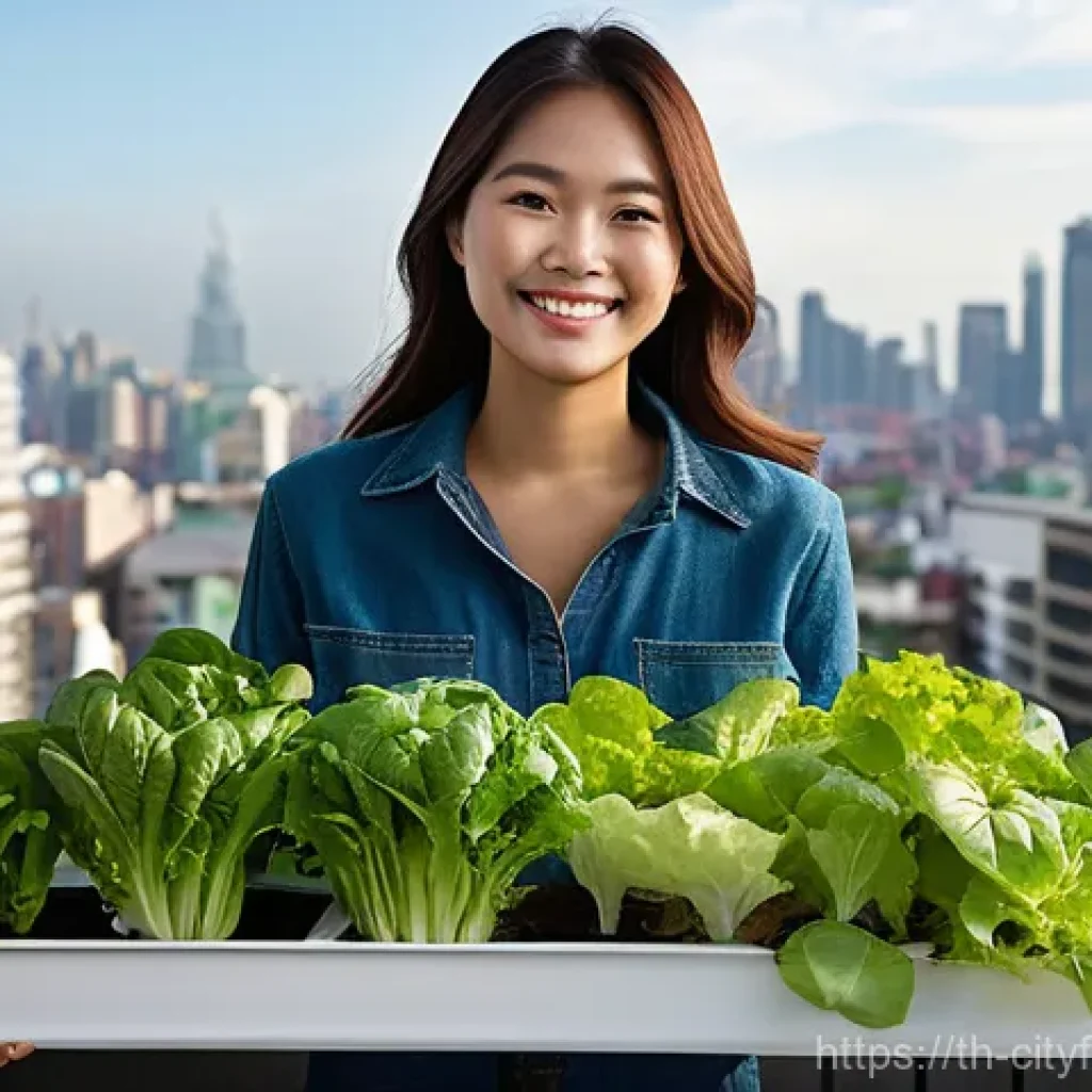도시농업 기술 개발 동향 - **Prompt 1: Urban Hydroponic Oasis with a Young Woman**
    "A bright, cheerful photo of a young Tha...