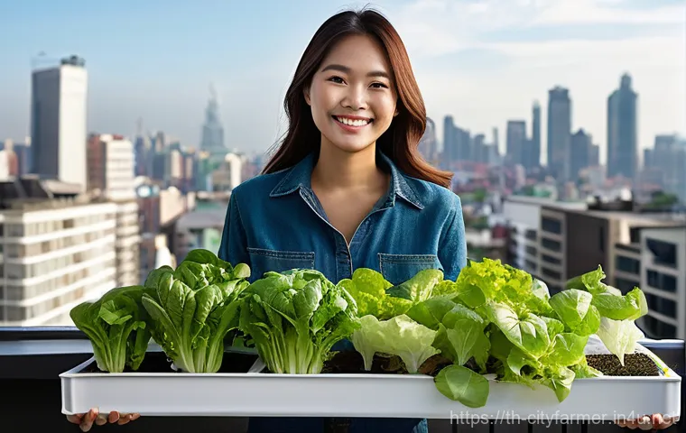 도시농업 기술 개발 동향 - **Prompt 1: Urban Hydroponic Oasis with a Young Woman**
    "A bright, cheerful photo of a young Tha...