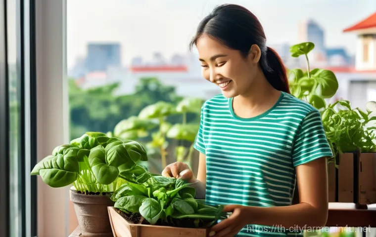 도시농업 시작하는 방법 - **Prompt:** A cozy, vibrant urban balcony garden on a sunny afternoon in a Thai city. A smiling Thai...