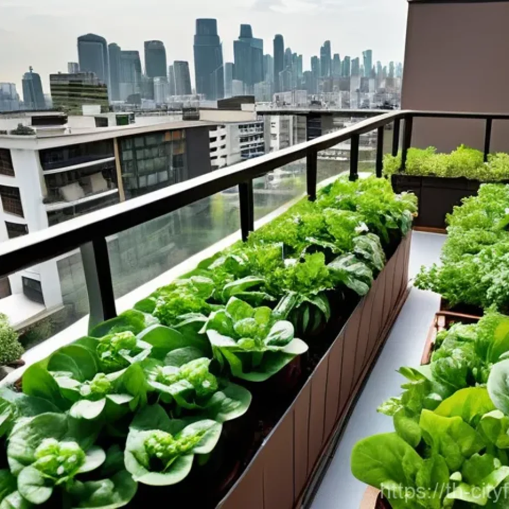 도시농업에서 사용하는 식물 성장 조절제 - **Urban Balcony Garden with Lush Salad Greens:**
    "A vibrant, high-angle shot of a flourishing ur...