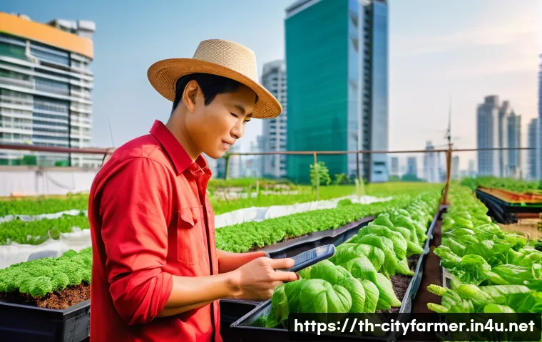 도시농업 소비자와의 소통 - A vibrant urban rooftop garden scene in Bangkok, Thailand, showcasing diverse vegetables growing in ...
