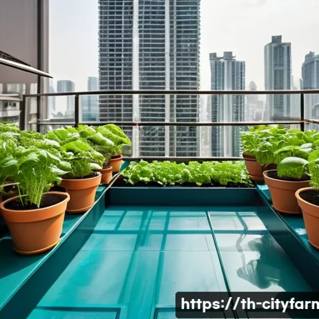 도시농업 관련 유튜브 채널 - A vibrant urban balcony garden in Bangkok, Thailand, featuring small plastic and terracotta pots fil...