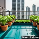 Home 21 도시농업 관련 유튜브 채널 - A vibrant urban balcony garden in Bangkok, Thailand, featuring small plastic and terracotta pots fil...