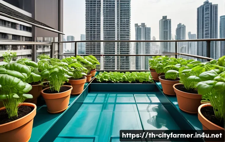 도시농업 관련 유튜브 채널 - A vibrant urban balcony garden in Bangkok, Thailand, featuring small plastic and terracotta pots fil...
