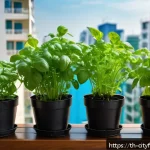 Home 20 도시농업 도시 기후에 적합한 작물 - A cozy urban balcony garden scene in a tropical Southeast Asian city, featuring medium-sized plastic...