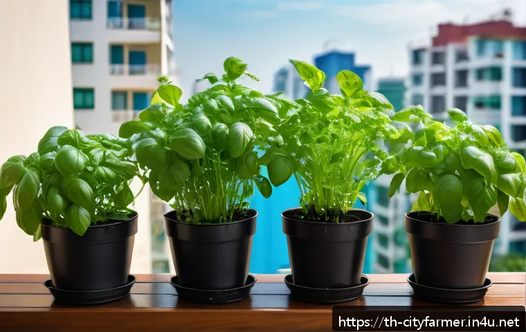 도시농업 도시 기후에 적합한 작물 - A cozy urban balcony garden scene in a tropical Southeast Asian city, featuring medium-sized plastic...