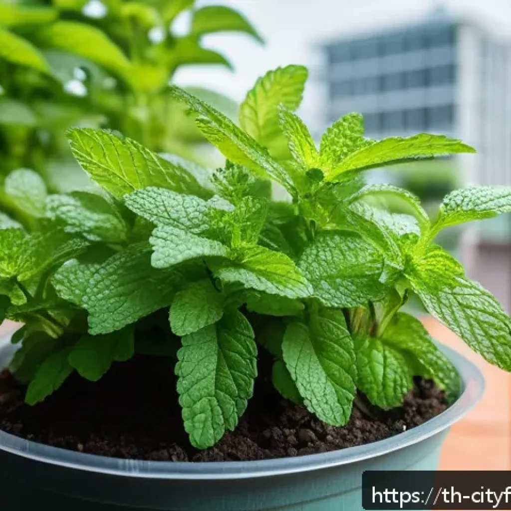 도시농업에서의 고급 농작물 재배 - A vibrant urban balcony garden featuring Thai basil (Ocimum basilicum var. thyrsiflora) growing in s...