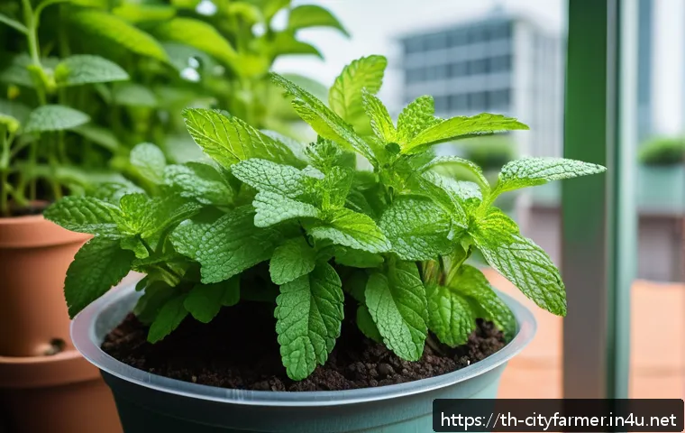 도시농업에서의 고급 농작물 재배 - A vibrant urban balcony garden featuring Thai basil (Ocimum basilicum var. thyrsiflora) growing in s...