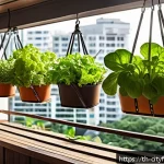 Home 18 도시농업에서 기후 변화 대응하기 - A cozy urban balcony garden scene during daytime, featuring a variety of leafy green vegetables like...
