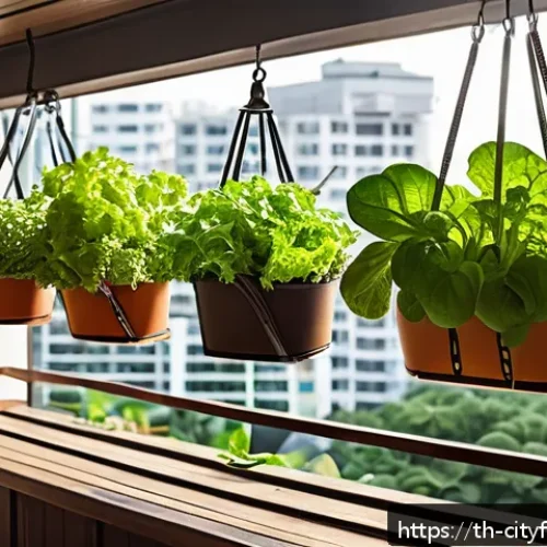 Home 30 도시농업에서 기후 변화 대응하기 - A cozy urban balcony garden scene during daytime, featuring a variety of leafy green vegetables like...