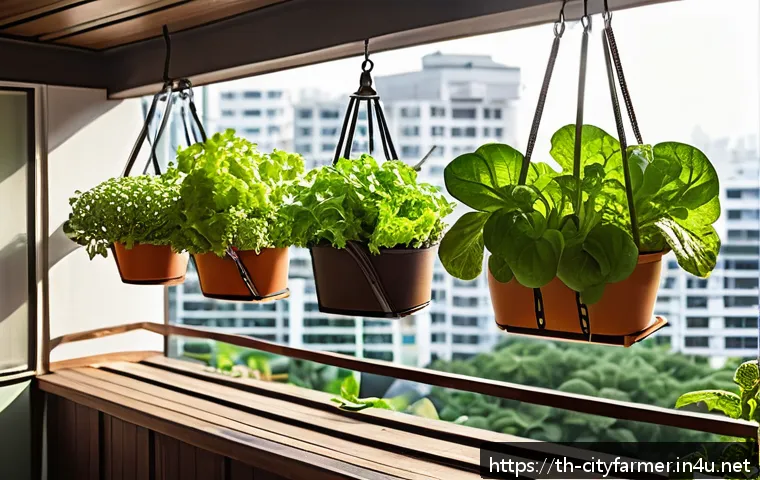 도시농업에서 기후 변화 대응하기 - A cozy urban balcony garden scene during daytime, featuring a variety of leafy green vegetables like...
