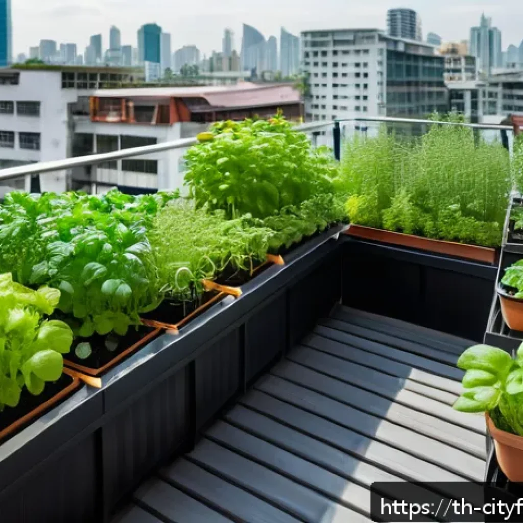 도시농업 탄소 발자국 줄이기 - Urban balcony garden scene showing a variety of potted herbs and vegetables including basil, cilantr...