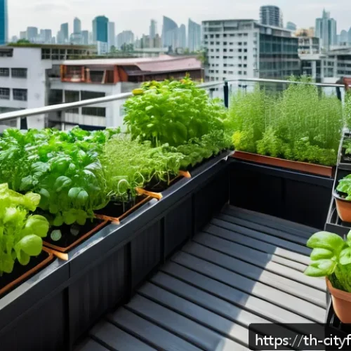 Home 29 도시농업 탄소 발자국 줄이기 - Urban balcony garden scene showing a variety of potted herbs and vegetables including basil, cilantr...
