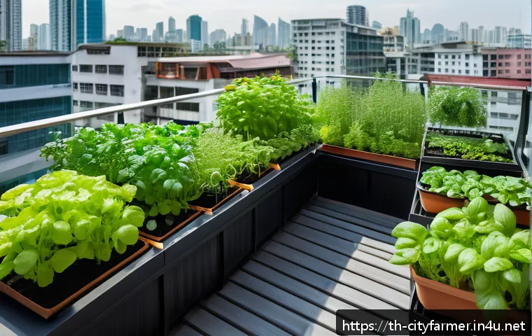 도시농업 탄소 발자국 줄이기 - Urban balcony garden scene showing a variety of potted herbs and vegetables including basil, cilantr...