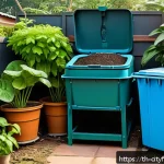Home 22 도시농업 음식물 쓰레기 처리 - Urban composting setup in a small backyard garden, featuring a closed compost bin and a rotating com...