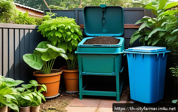 도시농업 음식물 쓰레기 처리 - Urban composting setup in a small backyard garden, featuring a closed compost bin and a rotating com...