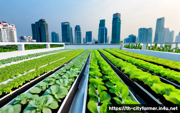 도시농업 자동화 시스템 - Photorealistic urban farming automation system on a Bangkok apartment rooftop, neat rows of hydropon...