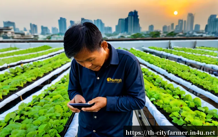 Home 17 도시농부 신기술 활용 - Photorealistic urban rooftop farm in Bangkok at sunrise, Thai city skyline softly blurred behind ord...